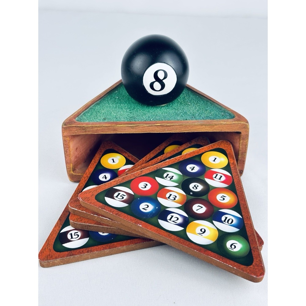 Vintage Man Cave Pool Table Coasters 8-Ball Game Room Decor Novelty Gift Set
